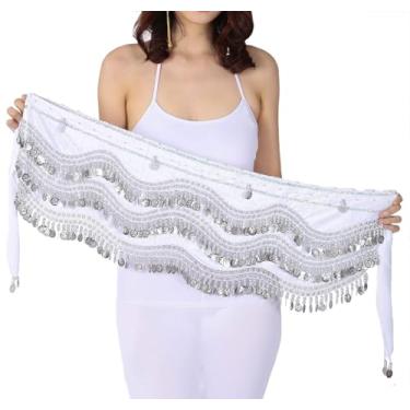 Imagem de Cachecol de dança do ventre, cinto tribal, acessório de fantasia cigana, cinto enrolado, saias penduradas na cintura, Branco (moedas de prata), Tamanho Único