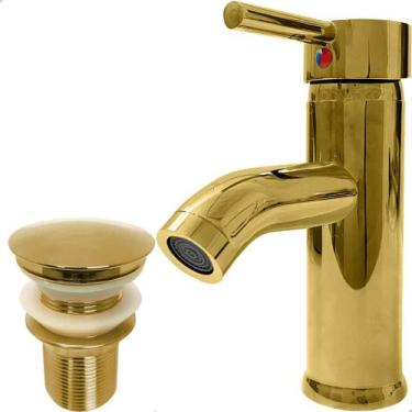 Imagem de Torneira Dourada Baixa Pia Banheiro e Valvula Click 1¼ Inox Kit Lavabo