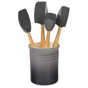 Imagem de Le Creuset Conjunto de utensílios de silicone da série Craft com pote de grés, ostra, 5 peças