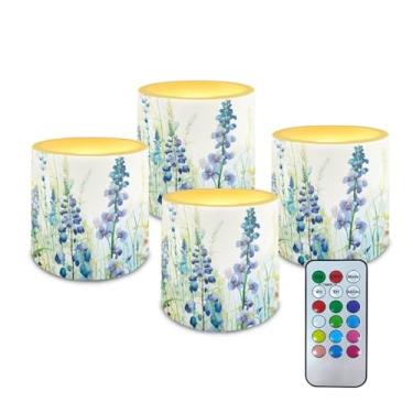 Imagem de NETILGEN Conjunto de 4 velas de LED sem chamas decorativas florais azuis e verdes, com controle remoto, decoração de festa em casa com 4 pilhas que mudam de cor