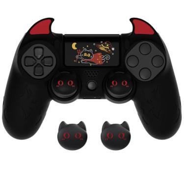 Imagem de PlayVital Capa de controle de demônio fofa para ps4 com alças de polegar e adesivos, capa de controle de silicone antiderrapante Kawaii para controle ps4 Slim/Pro - preta