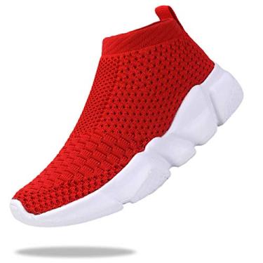 Imagem de Santiro Sapatos para meninos e meninas meia sapatos de malha respirável sem cadarço, Vermelho, 1 Little Kid