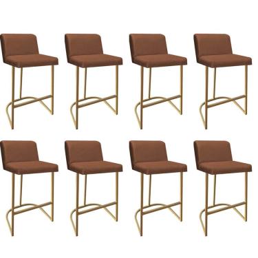 Imagem de Kit 08 Banquetas Com Encosto Confort Bistrô Cozinha Ferro Dourado Suede Terracota - Amey Decor