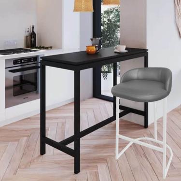Imagem de Banqueta Betyna Com Encosto Alta Cozinha Bar Balcão Ferro Branco Sintético Cinza - Amey Decor