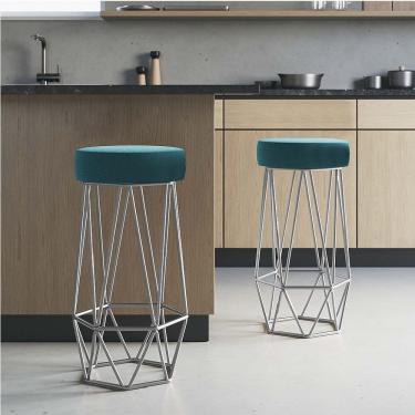 Imagem de Kit 02 Banqueta Com Encosto Mhara Hexágono Cozinha Bar Ferro Prata Suede Azul Turquesa - Amey Decor
