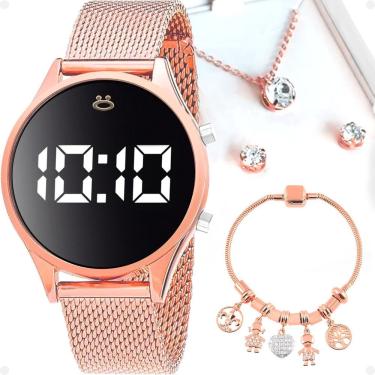 Imagem de Relogio Feminino Rosê Aço Digital Colar Caixa Brincos