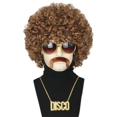 Imagem de Topcosplay Conjunto De Perucas Afro Marrom Masculinas, Anos 70 E 80, Traje Festa Discoteca, Curtas Cacheadas, Acessórios Para Fantasia Halloween
