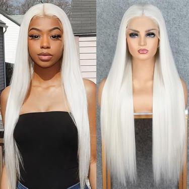 Imagem de Looxey Peruca Frontal De Renda 13X6, Cabelo Sintético Longo E Liso, Pré-Arrancado, Sem Cola, Branca Para Mulheres, 24"