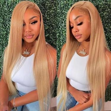 Imagem de ANDRIA 13X6 Hd Lace Front Wigs 200% Densidade Loira Acinzentada Lisa Sem Cola Mel Dourado Frontal Para Mulheres Negras Peruca Sintética Resistente Ao Calor Com Cabelo De Bebê Pré-Selecionado 28"