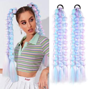 Imagem de LyoRuSi 2 Extensões De Rabo Cavalo Leves 22" Com Bolhas, Mistura Fibras, Quatro Tranças Coloridas E Sedosas Elástico Cabelo, Acessórios Para Festivais Raves Meninas (Rosa/Azul/Roxo/Ciano Claro#)