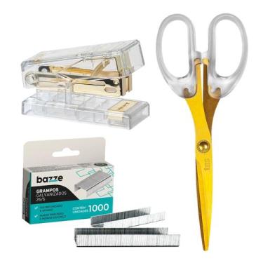 Imagem de Kit Mini Grampeador 26/6 Tesoura 17 cm Dourado Acrilico Mesa - Tris