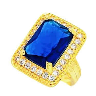Imagem de KINMOT Elegante anel de pedra azul, banhado a ouro com borda de zircônia, corte retangular tamanho 13 15 17, Metal, Zircônia cúbica