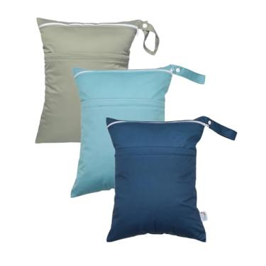 Imagem de Kawigo -Sacos Secos E Molhados À Prova D'Água, Pacote Com 3, Dois Bolsos Zíper, Bolsa De Viagem Para Praia, Piscina, Reutilizável, Ioga, Academia Bebês, Fraldas Pano, Maiôs, Roupas Molhadas, Cinza,