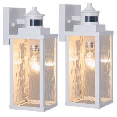 Imagem de MDENLT Pacote Com 2 Luzes De Parede Externas Sensor Movimento Branco, Iluminação Atualizada Do Anoitecer Ao Amanhecer, Suporte Para Luminárias Externas, À Prova D'Água Varanda E Casa