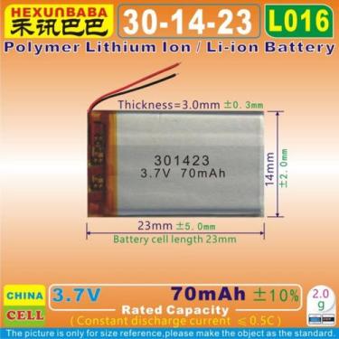 Imagem de Bateria 3.7v 70mah 3mm X 14mm X 23mm 2 Fios 301423 - bgb