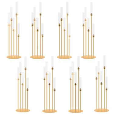 Imagem de 8 conjuntos de peças centrais de candelabro para mesas, castiçais de 106 cm de altura de 5 braços com abajur, centros de mesa de casamento, castiçais dourados para casamento, presente de inauguração