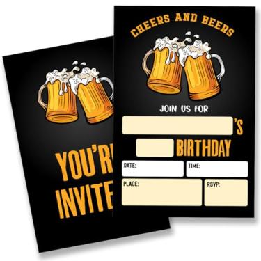 Imagem de QZJ Convites de festa de aniversário de cerveja com envelopes conjunto de 20 convites de festa de aniversário Cheers and Beers para homens preencher em branco, dupla face
