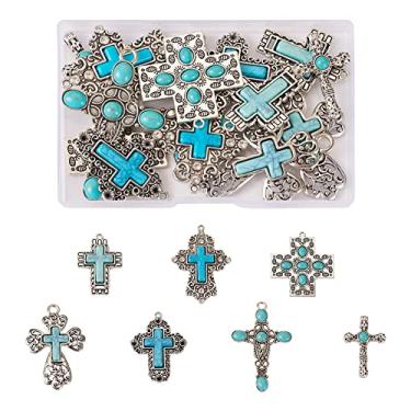 Imagem de Spritewelry 14 peças, 7 estilos, pingente de pedra preciosa turquesa pingente de cruz tibetano vintage grande pingente retrô religião pedra pingentes para brincos grandes, colar, chaveiro, joias, artesanato faça você mesmo