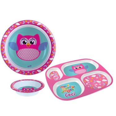 Imagem de Combo Prato Divisória Raso Fundo Kit Alimentação Bebê - Arts, Coruja