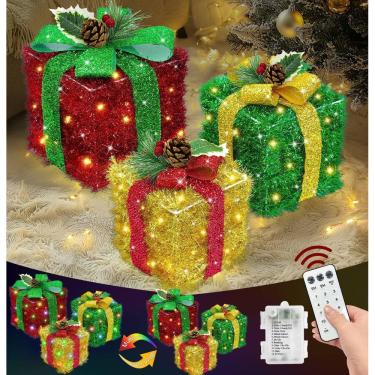 Imagem de Pacote de 3 caixas de presente com enfeites de Natal com luzes e temporizador