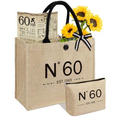 Imagem de Sacola feminina de juta, presente de aniversário de 60 anos, bolsa de estopa vintage nº 60 com bolsa de cosméticos e pôster de volta em 1965, presentes exclusivos de 60 anos para mãe, amigas, esposa