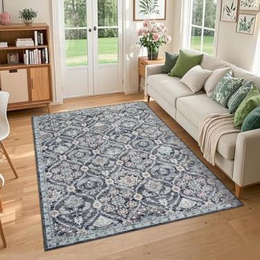 Imagem de COZYLOOM Tapetes grandes laváveis para sala de estar, 25 x 30 cm, tapete vintage envelhecido com estampa de treliça, antiderrapante, resistente a manchas, dobrável, para berçário, quarto, azul e preto