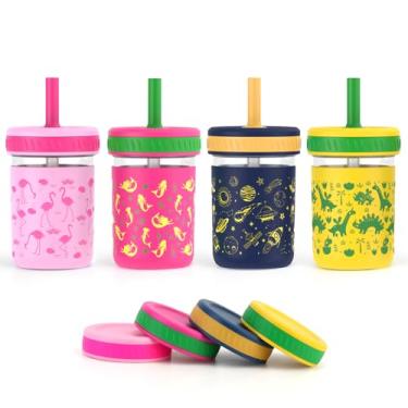Imagem de Sursip Copos infantis infantis com canudo à prova de derramamento - Frasco de vidro de 227 g com tampas Smoothie Snack Water Sippy Cup Criança 1-3