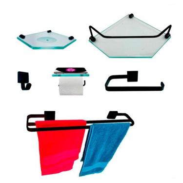 Imagem de Kit Para Banheiro Luxo Premium Preto Sextavado Vidro Incolor - Landi V