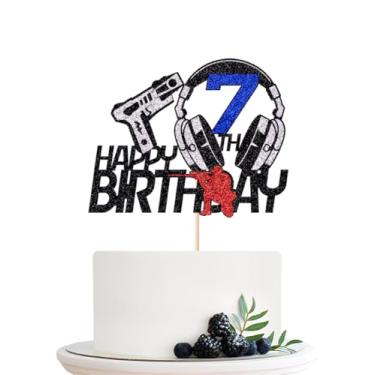 Imagem de Naicaek Palheta de topo de bolo para meninos meninas feliz 7º aniversário dardo bala tema guerra decoração de festa, tema de tiro de armas entusiasta artigos de festa de aniversário para torcer até 7