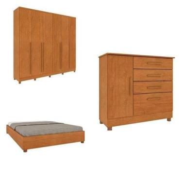 Imagem de Conjunto Guarda Roupa Casal Com Puxador Mdf Portugal Com Pés, Cama Cas