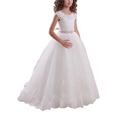 Imagem de Abaowedding g Vestidos de primeira comunhão, vestido de daminha, com cadarço, vestido de comunhão, vestido de baile para meninas, Branco, 8