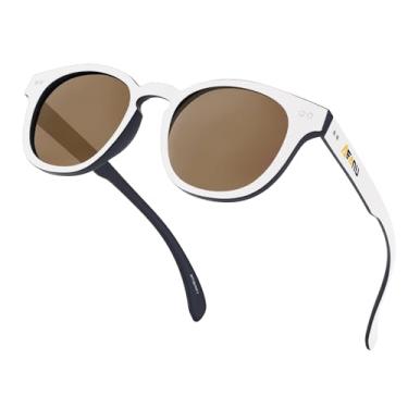 Imagem de AEANU Óculos de sol polarizados para adolescentes e mulheres jovens – Lentes espelhadas coloridas UV400, armação redonda fosca, rostos pequenos – para dirigir e ar livre, Lente branca/marrom