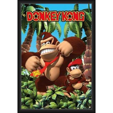 Imagem de BUY ART FOR LESS Pôster de arte emoldurado oficialmente licenciado Donkey Kong - Selva - 61 x 91 cm - Moldura de madeira projetada resistente com vidro plexi - Pronto para pendurar