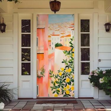 Imagem de Likjad Decoração de porta mediterrânea de limoeiro de Portugal, cortinas de porta de viagem rosa do Porto, faixas de fundo de fotografia para decoração de cozinha, sala de jantar, 89 x 199 cm