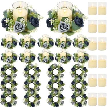 Imagem de ACMEE Anéis de vela rosa com conjuntos de velas sem chamas - 24 peças de flores artificiais eucalipto centro de mesa de casamento castiçais de 7,6 cm para decoração de festa de casamento (conjunto com