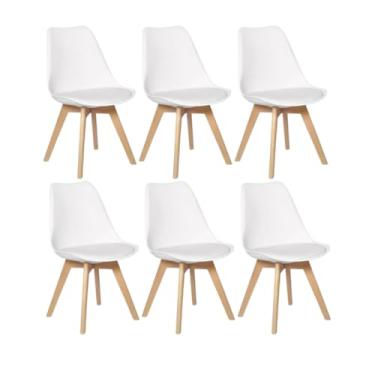 Imagem de Kit 6 Cadeiras Leda, Estilo Moderno, Polipropileno e Madeira Natural, Almofada Branca, Design Escandinavo, para Sala de Jantar, Cozinha, Bar e Área Gourmet- Brancas