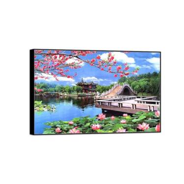 Imagem de BMZFYBS Impressão em tela de paisagem - Ponte Lago Flores de Lótus - Arte de parede natural Imagem Chinoiserie - Pôster de decoração de moldura preta 60 x 90 cm 24 x 35 pol