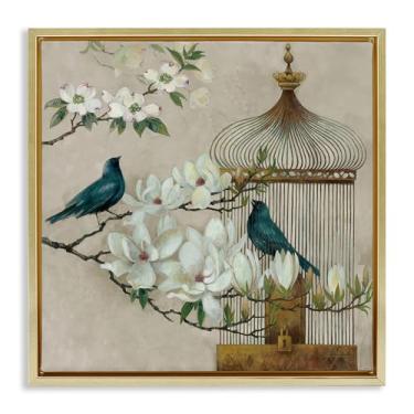 Imagem de Stupell Industries Tela flutuante dourada floral Bluebird Menagerie Design de arte de parede por Elaine Vollherbst, 45,7 x 45,7 cm