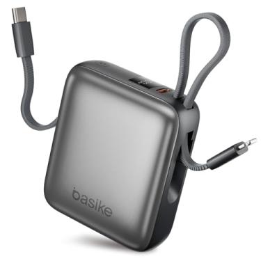 Imagem de Basike Carregador Portátil 10000mAh, Mini Power Bank com Cabos Integrados, Carregamento Rápido 22.5W(MAX), Pequeno, Led Indicador de Bateria para iPhone/Samsung/Huawei/Xiaomi, etc (Cinza)