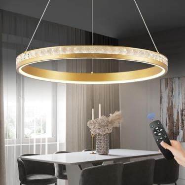 Imagem de Sparklelf Lustre de LED moderno Lustres dourados de 60 cm para sala de jantar com 1 anel de luz regulável com sombra de cristal, lustres de montagem embutida Luz pendente de LED para quarto sala de
