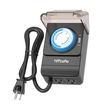 Imagem de TiFFCOFiO Temporizador mecânico resistente ao ar livre à prova d'água, intervalos de 15 minutos, temporizador de bomba de piscina externa 24 horas com cabo de 6 m, 2 tomadas aterradas para luzes