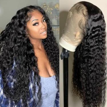 Imagem de Perucas frontais onduladas profundas de 33 x 10 cm, cabelo humano com densidade de 220% de densidade de onda profunda, perucas de cabelo humano HD Lace Curly para mulheres negras pré-arrancadas com