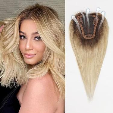 Imagem de HAIRCUBE Remy Toppers de cabelo humano para mulheres, 100% 9 cm x 10 cm amarrados à mão com base de renda suíça 30 cm, loiro claro ombre