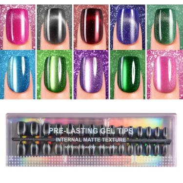 Imagem de Plauva Unhas curtas quadradas de pressão olho de gato, 300 peças de unhas postiças de gel macio, pontas de olho de gato com glitter brilhante para mulheres e meninas em 15 tamanhos