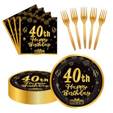 Imagem de LDFDRT 60 peças de pratos e guardanapos de papel para festa de 40 anos, garfos, pratos de bolo de sobremesa em ouro preto, suprimentos de decoração de festa, serve 20 convidados