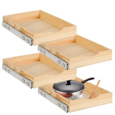 Imagem de EVERDIJ Conjunto de 4 gavetas de madeira para armários 38 x 53 cm, organizadores de armários removíveis, prateleiras deslizantes macias para cozinha, espaço embaixo da pia, despensa, banheiro