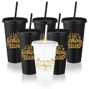 Imagem de Jingmore Copos de plástico de esquadrão de 680 g com tampa e canudo para decorações de aniversário de 20, 30, 40, 50, 60 anos, lembrancinha para mulheres e adultos (branco, preto, 6 peças)