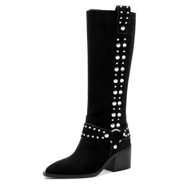 Imagem de GOSERCE Botas femininas de camurça na altura do joelho, bico fino, salto grosso, botas altas de outono, zíper lateral com detalhes de pino, preta, B-preto/camurça, 37