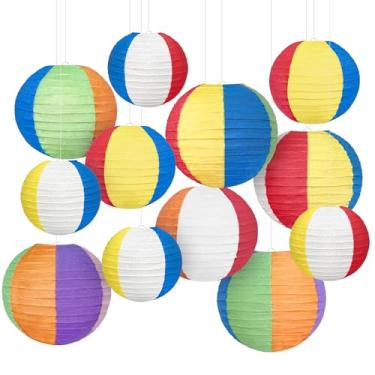 Imagem de 12 peças de decorações de festa na piscina, lanternas de papel de bola de praia, lanternas de papel coloridas para verão, praia, piscina, festa, piquenique, churrasco, havaiano, luau, arco-íris