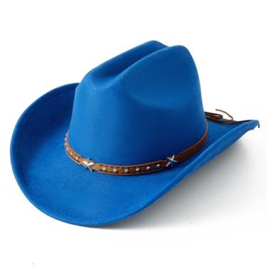 Imagem de Jastore Chapéu de cowboy infantil para meninas e meninos, chapéu de cowgirl ocidental com cinto de fivela chapéu Fedora de aba larga fantasia (EUA, idade, 5 anos, 10 anos, azul royal)